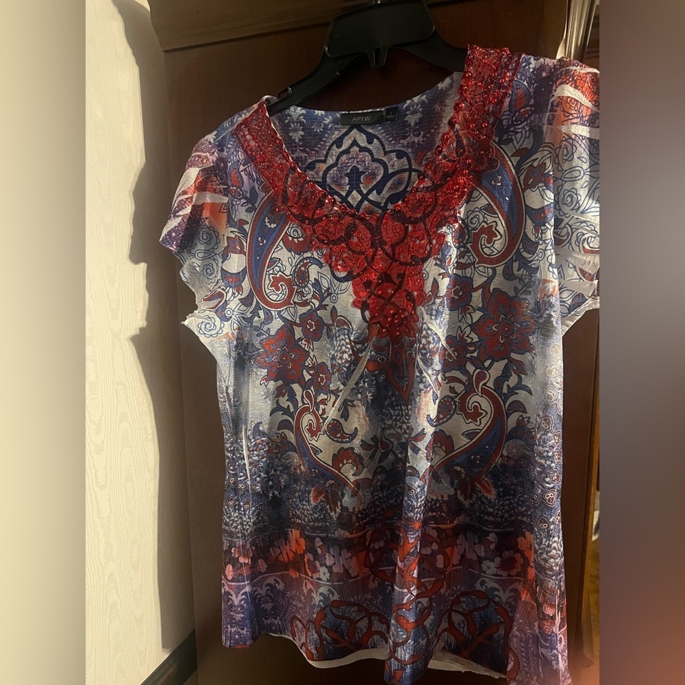Apt. 9 Red and Black Graphic Embellished Blouse
